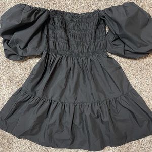 Bubble sleeve smocked black babydoll dress